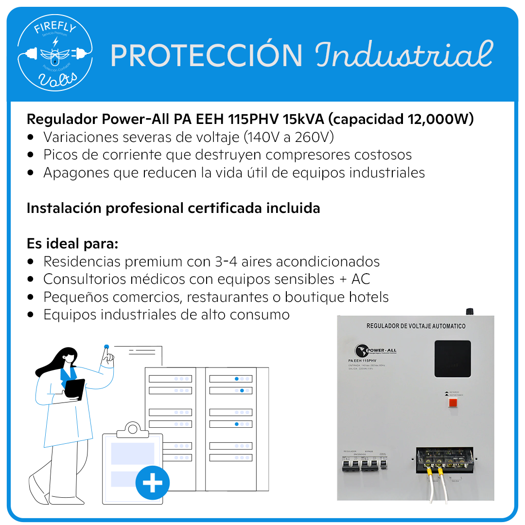 Protección para 3-4 Aires Acondicionados | Regulador Industrial 220V 15kVA | Instalación Incluida